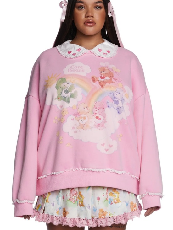 Care Bears Tops - Dolls Kill Care Bears Pastel Pink Oversized Pullover with Rainbow Graphic